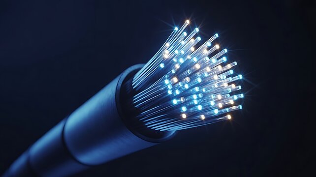 Close-up of a single fiber optic cable emitting blue and orange light effect.