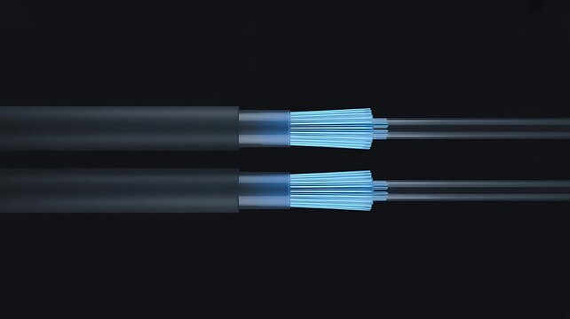 Two parallel fiber optic cables glowing with blue light against a dark background
