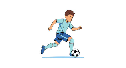 Obraz premium Young boy in a light blue jersey and shorts running and dribbling a soccer ball across a field during a game or practice.