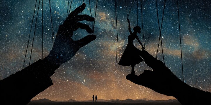 Giant hands manipulate a starry sky puppet against a twilight landscape