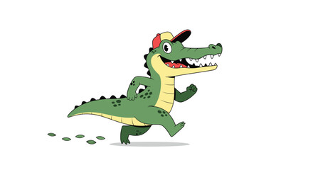 Fototapeta premium Cheerful cartoon crocodile wearing a red and yellow baseball cap running quickly across a plain white background with green lily pad footprints.