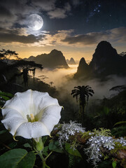 Naklejka premium Mystical Cloud Forest Canopy with Epiphytes and Mist