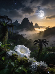 Naklejka premium Mystical Cloud Forest Canopy with Epiphytes and Mist