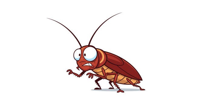 Scared and nervous cartoon cockroach character looking sideways with a worried expression on its face isolated on a clean white background.