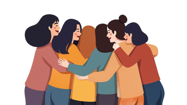 Diverse women hugging, group of friends embracing, female bonding, solidarity, support
