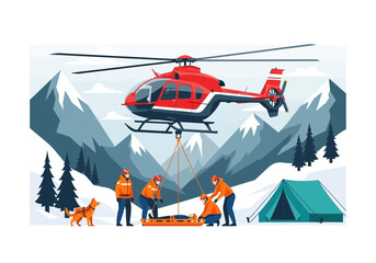 Mountain Rescue Operation Vector Illustration with Red Helicopter, Search and Rescue Team, and Patient Evacuation in Snowy Alpine Landscape © yunita