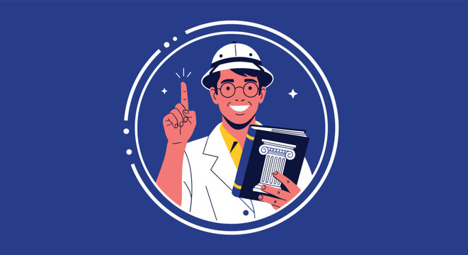 Smiling male explorer or archaeologist wearing a pith helmet and glasses holding a book about ancient architecture inside a blue circular frame.