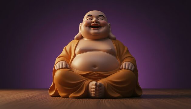 Laughing Buddha statue in orange robes, happy Budai monk sitting in meditation, spiritual zen figurine on wooden floor with purple background