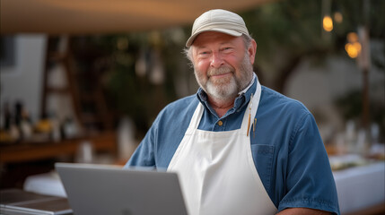 Naklejka premium Memorial Day weekend barbecue interrupted by laptop notification, veteran in apron glancing at work email poolside, holiday work-life balance tension, outdoor cooking, backyard gathering, military f