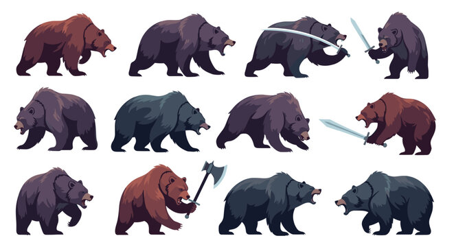Diverse collection of brown and black bears in various poses some holding weapons like swords and axes in a fantasy style.