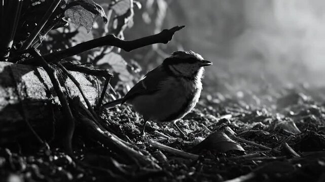 Black and white close-up of a tiny bird foraging for food on the forest floor, with dramatic lighting
