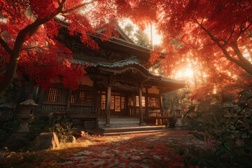 Fototapeta premium 秋の光に包まれた日本の寺院と紅葉の風景