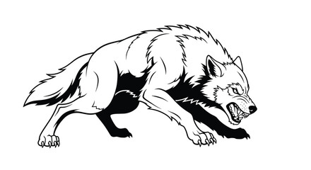 Fototapeta premium Aggressive wolf character shown in a high contrast black and white illustration snarling with its sharp teeth bared.