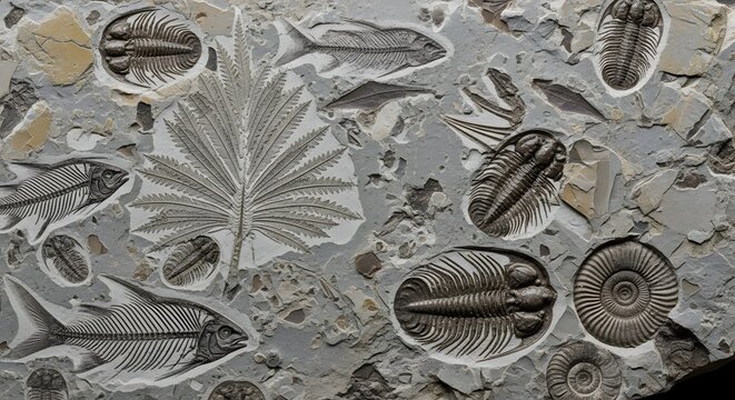 Ancient Marine Life Fossils Embedded in Rock Formation.