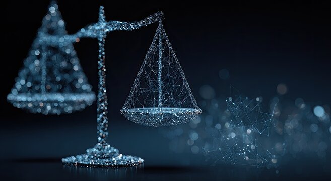 Digital scales of justice formed by glowing connected nodes on dark background