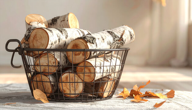 Iron basket filled with split birch logs showing white papery bark on a rug with wood chips in warm rustic lighting generative AI