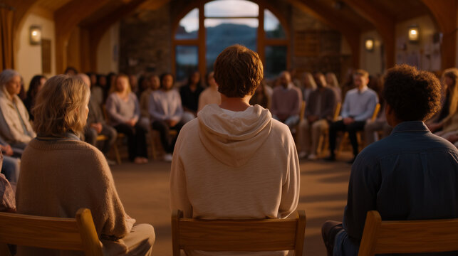 Community mental health peer support group forming seated circle in church recreation hall, warm indoor evening lighting, group therapy facilitation, Mental Health Awareness Month, adult depression 