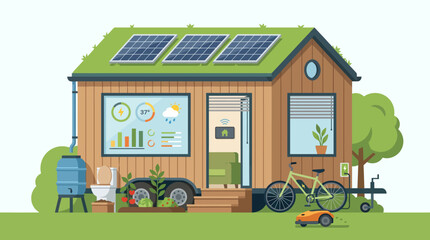 Fototapeta premium Tiny Home Living: A charming tiny home exemplifies sustainable living with solar panels, a green roof, and eco-friendly features, showcasing the future of compact, environmentally conscious dwellings.