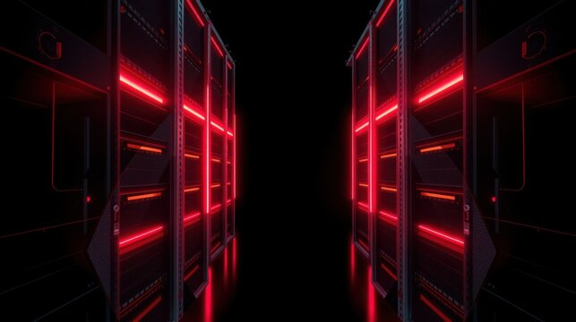 Dark server racks glow red. Futuristic design emphasizes symmetry, technology, data storage. Minimalist aesthetic creates dramatic effect.