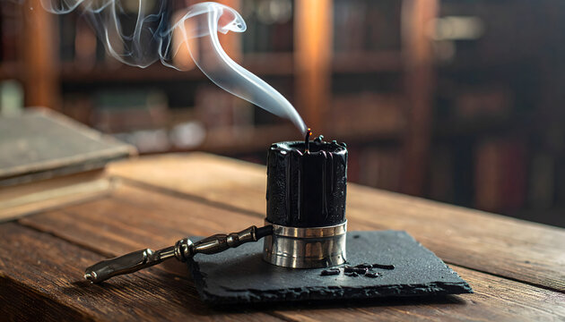 Silver candle snuffer lying on a slate coaster beside a black candle with white smoke rising in a dim library generative AI
