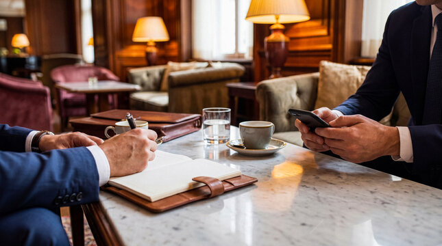 Two business executives conducting an informal meeting or discussion in a luxurious, upscale hotel lobby or lounge.