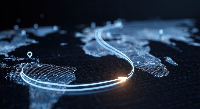 Global network routes connect continents with glowing lines and illuminated cities
