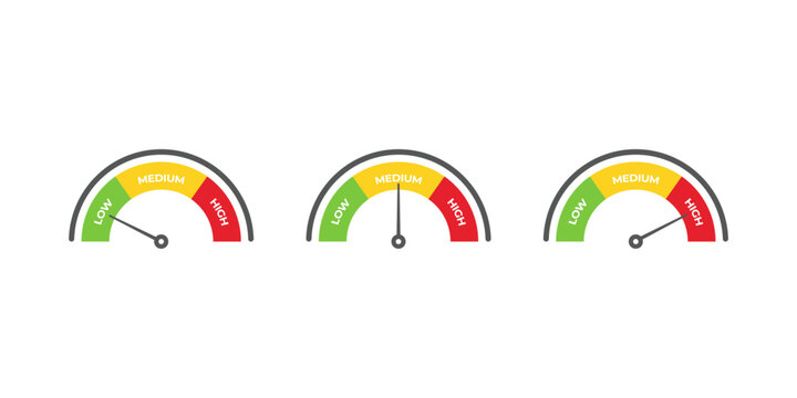 vector illustration of Three semicircle gauge meters showing low, medium, and high levels. Each dial uses green, yellow, and red segments with pointers indicating different measurement statuses.