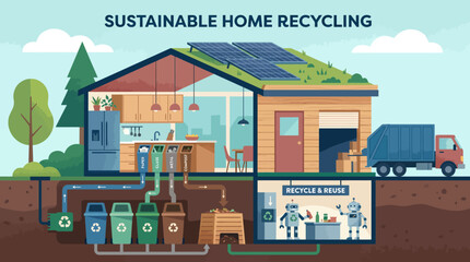 Fototapeta premium Sustainable Home Recycling: An illustrative representation of a modern, eco-conscious home demonstrating sustainable practices through recycling and green energy.