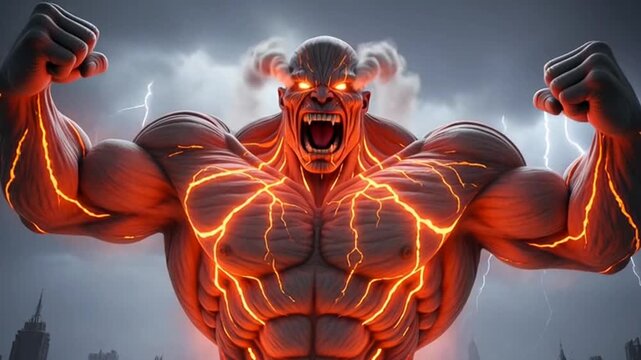 Powerful muscular man with glowing orange.