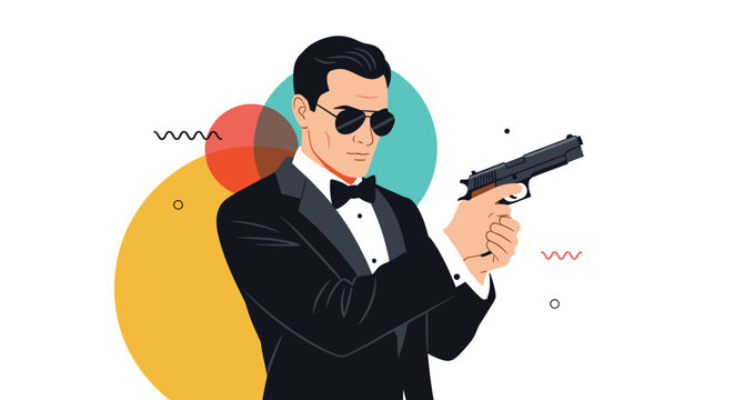 Sophisticated secret agent man in a black tuxedo and sunglasses holds a handgun with a focused and serious expression on his face.