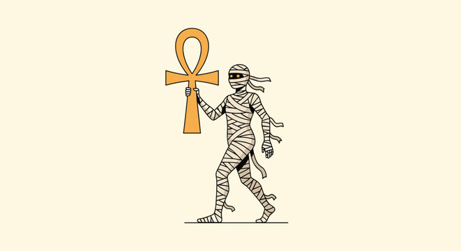 Ancient Egyptian mummy wrapped in bandages walks forward while holding a large golden ankh symbol, representing life and afterlife.