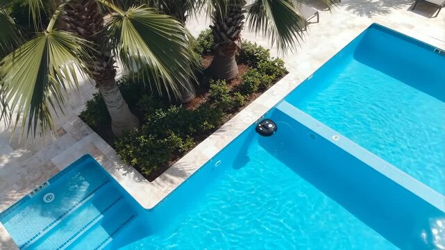Robotic pool cleaner working in a bright blue swimming pool. Tropical palm trees and a stone patio surround the crystal clear water. Smart home maintenance concept for luxury pool services.
