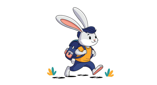 Adorable white bunny with dark blue hair and a yellow shirt walks to school with a blue backpack through a green meadow setting.