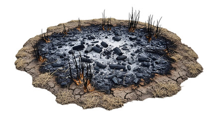 Fototapeta premium Isolated burnt patch of earth, black ash, and charred plant remains on dry ground after a fire