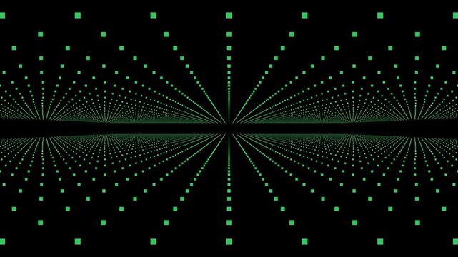 A seamless  loop of a futuristic green particle grid tunnel. This abstract motion graphic features a steady perspective movement, ideal for technology, cybersecurity, data visualization, or science fi