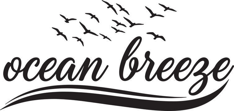 Ocean breeze, flying birds, vector logo, black and white design, typography