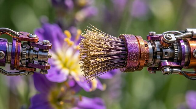 Macro Close-up of Robotic Drone Pollinator with Micro-Bristles Collecting Pollen in Agri-Tech Concept