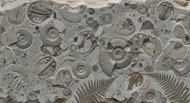 Fossilized ammonites on stone surface closeup.