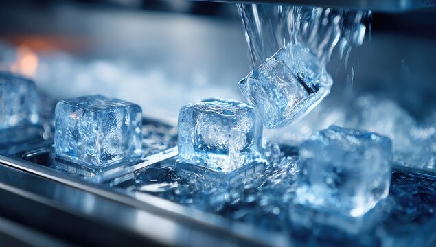 Close-up of clear ice cubes being formed and falling in a production line
