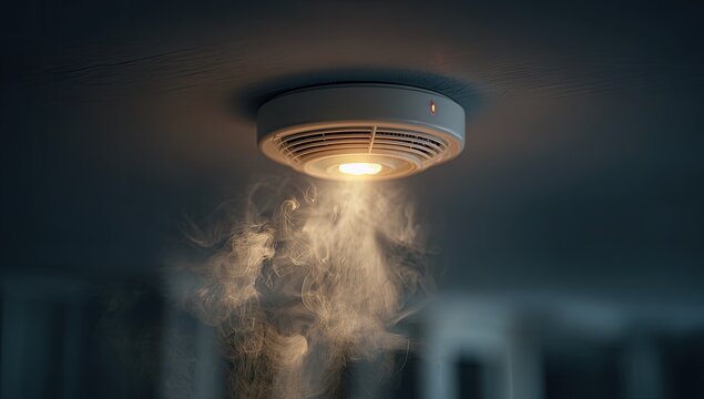 Ceiling-mounted alarm emits light and smoke, signaling a potential emergency