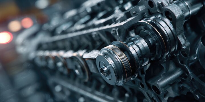 Close-up of intricate mechanical engine components, metallic, polished