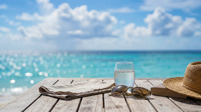Serene beach day essentials on a rustic wooden table: a glass of water, stylish sunglasses, a book, and a straw hat.