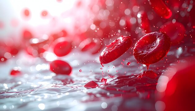 Close-up of red blood cells flowing through veins and arteries, a microscopic view of blood circulation and oxygen transport within the human body