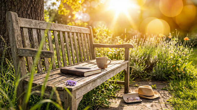 Rustic wooden garden bench with journal, pen, and warm coffee mug in sun-drenched golden hour.