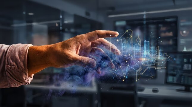 A hand interacting with a futuristic digital interface in a modern office setting