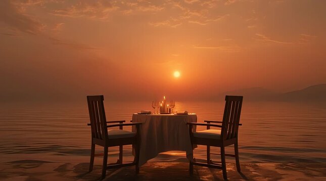 romantic candlelight dinner set up on a beach during sunset
