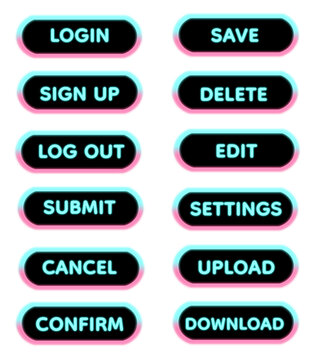 Pastel Pink and Soft Blue 3D Rounded UI Button Set with Glossy Finish, Cute Modern Interface Elements for Login Sign Up Save Delete Edit Settings Upload Download Controls, Smooth Minimal Candy Style 