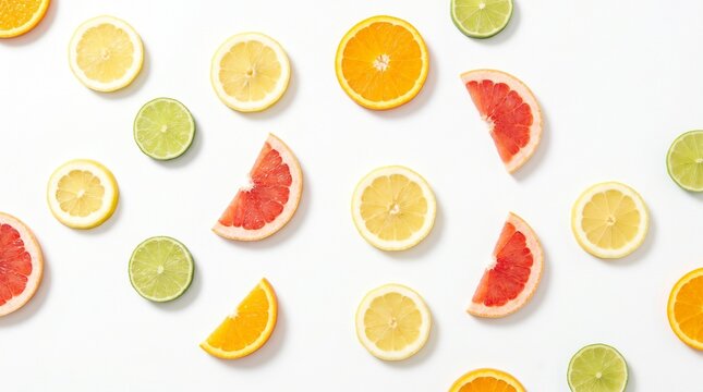 Colorful Citrus Pattern Orange Lemon Lime Grapefruit Slices on White Background