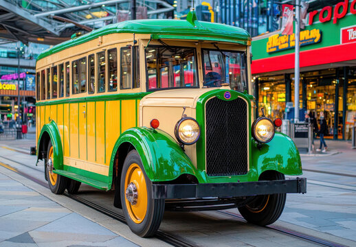 Vintage Green and Cream Bus on a Busy City Street