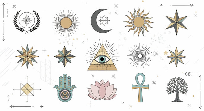 Esoteric and Occult Symbol Set with Sacred Geometry and Mystical Elements